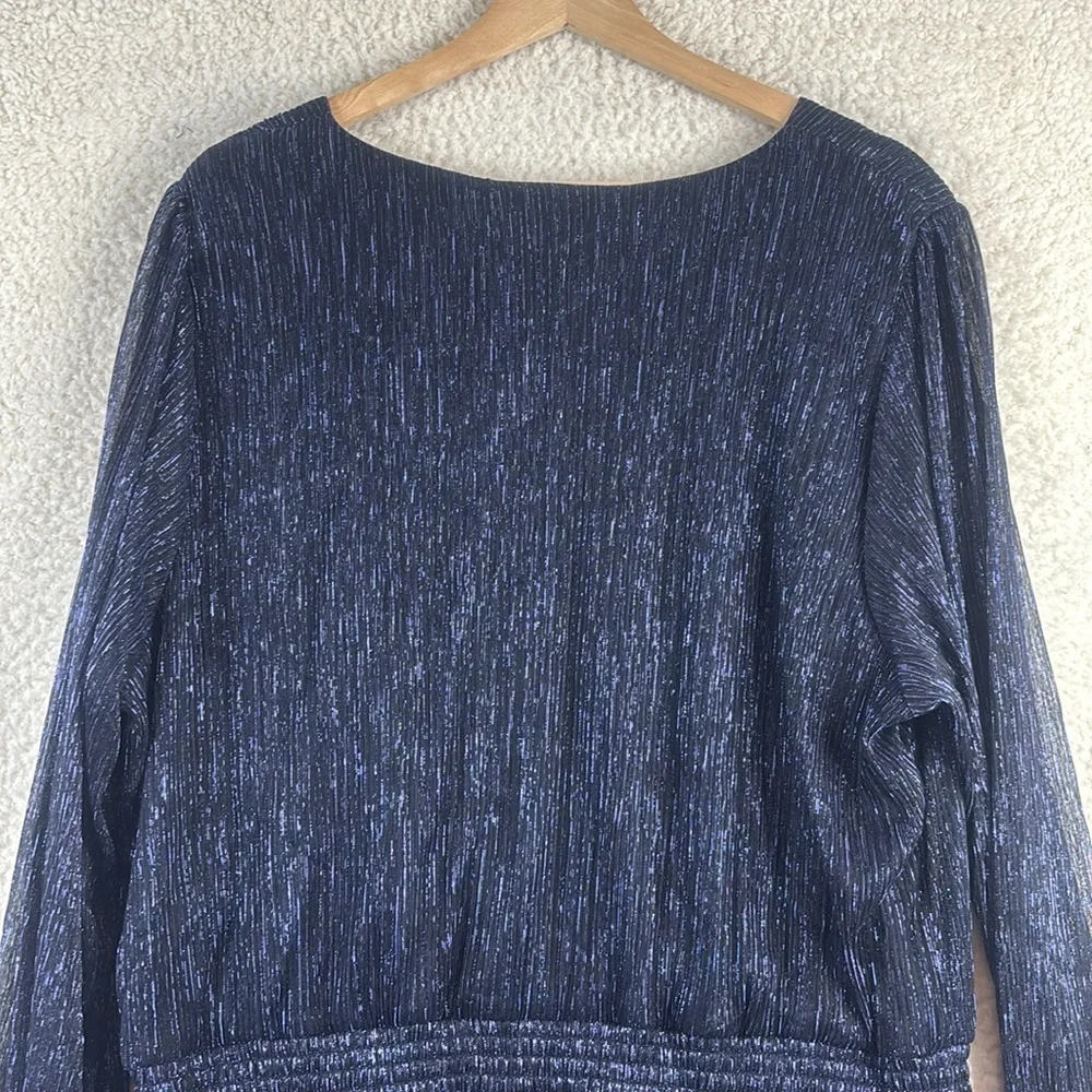 NWT MSK Womens Navy Blue Metallic Smocked V-Neck Long Sleeve Midi Dress PLUS 3X - Picture 10 of 13